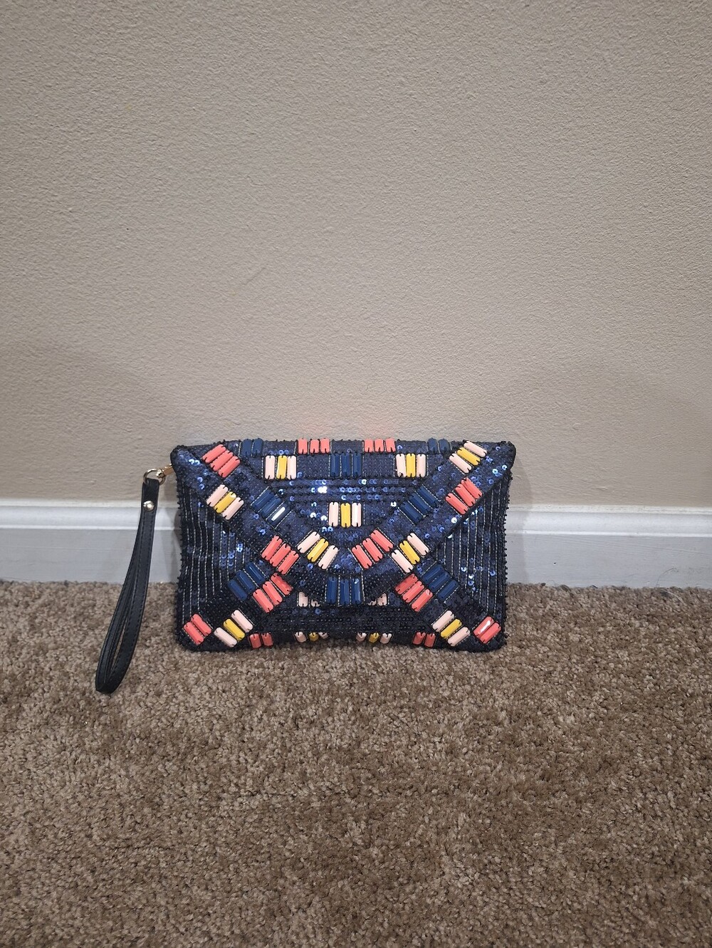 Beaded Navy Envelope Wristlet Clutch with Coral & Yellow Accents